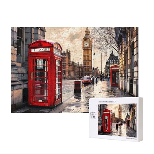 Rote Telefonzelle Londoner Straße, bedrucktes Intelligenz-Puzzle aus Holz, 40 x 28 cm, 300 Teile (in Box), Lernspiel für Erwachsene, Heimdekoration, Puzzle von JKSEEPYN