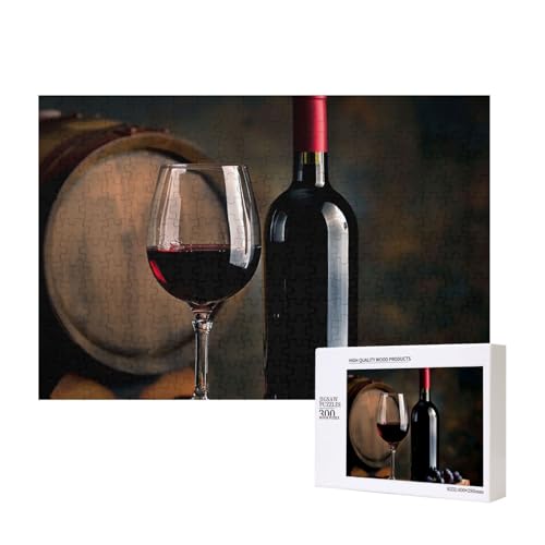 Rotweinflaschen-Glas, bedrucktes Intelligenz-Puzzle aus Holz, 40 x 28 cm, 300 Teile (verpackt), Puzzle, Lernspiel für Erwachsene, Heimdekoration, Puzzle von JKSEEPYN