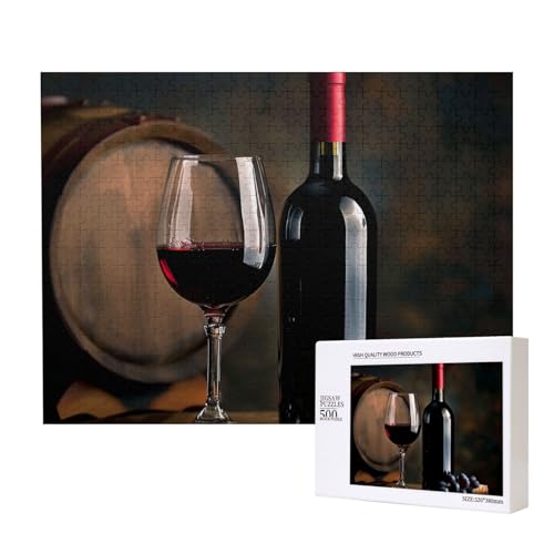 Rotweinflaschen-Glas, bedrucktes Intelligenz-Puzzle aus Holz, 52 x 38 cm, 500 Teile (verpackt), Puzzle, Lernspiel für Erwachsene, Heimdekoration, Puzzle von JKSEEPYN