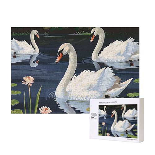 Schöne weiße Schwäne auf dem See, gedrucktes Intelligenz-Puzzle aus Holz, 40 x 28 cm, 300 Teile (verpackt), Puzzle, Lernspiel für Erwachsene, Heimdekoration, Puzzle von JKSEEPYN