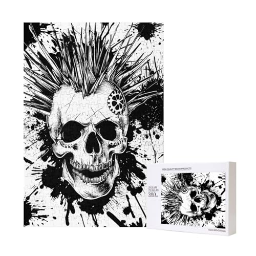 Schwarz-Weiß-Puzzle mit Punk-Schädel aus Holz, 28 x 40 cm, 300 Teile (verpackt), Lernspiel für Erwachsene, Heimdekorationspuzzle von JKSEEPYN
