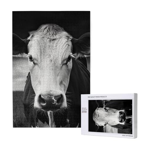 Schwarz-weiße Kuh gedrucktes Intelligenz-Puzzle aus Holz, 50 x 75 cm, 1000 Teile (verpackt), Puzzle, Lernspiel für Erwachsene, Heimdekoration, Puzzle von JKSEEPYN