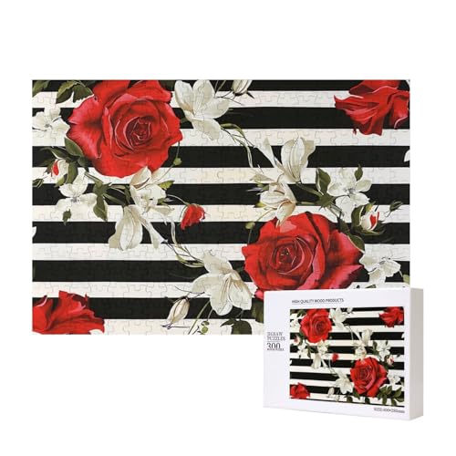 Schwarz-weiße Streifen, rote Rose, Blumen, gedrucktes Intelligenz-Puzzle aus Holz, 40 x 28 cm, 300 Teile (verpackt), Puzzle, Lernspiel für Erwachsene, Heimdekoration, Puzzle von JKSEEPYN