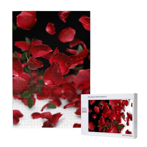 Schwimmende rote Rosenblätter, bedrucktes Intelligenz-Puzzle aus Holz, 50 x 75 cm, 1000 Teile (verpackt), Lernspiel für Erwachsene, Heimdekorationspuzzle von JKSEEPYN