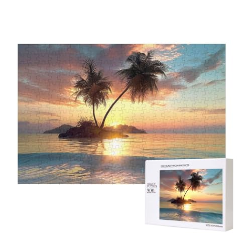 Sonnenaufgang Tropische Palmeninsel bedrucktes Intelligenz-Puzzle aus Holz, 40 x 28 cm, 300 Teile (in Box), Lernspiel für Erwachsene, Heimdekoration, Puzzle von JKSEEPYN
