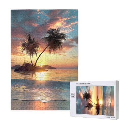 Sonnenaufgang Tropische Palmeninsel bedrucktes Intelligenz-Puzzle aus Holz, 50 x 75 cm, 1000 Teile (in Box), Lernspiel für Erwachsene, Heimdekorationspuzzle von JKSEEPYN