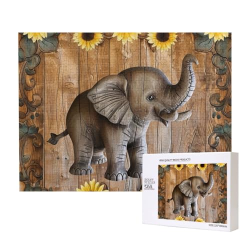 Sonnenblumen-Elefanten-Holzboden, bedrucktes Intelligenz-Puzzle aus Holz, 52 x 38 cm, 500 Teile (verpackt), Lernspiel für Erwachsene, Heimdekorationspuzzle von JKSEEPYN