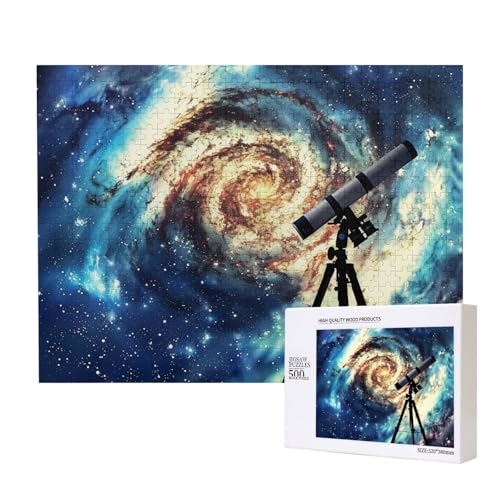 Teleskop und Weltraum Galaxie gedruckt Holz Intelligenz Puzzle 52 x 38 cm – 500 Teile (verpackt) Puzzle Lernspiel für Erwachsene – Heimdekoration Puzzle von JKSEEPYN