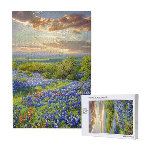Texas Bluebonnets Scenery bedrucktes Intelligenz-Puzzle aus Holz, 50 x 75 cm, 1000 Teile (in Box), Lernspiel für Erwachsene, Heimdekorationspuzzle von JKSEEPYN