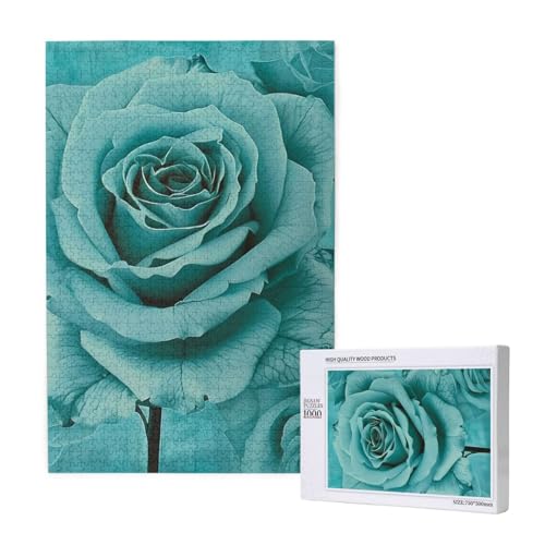 Türkisfarbene Rose bedrucktes Intelligenz-Puzzle aus Holz, 50 x 75 cm, 1000 Teile (verpackt), Puzzle, Lernspiel für Erwachsene, Heimdekoration, Puzzle von JKSEEPYN