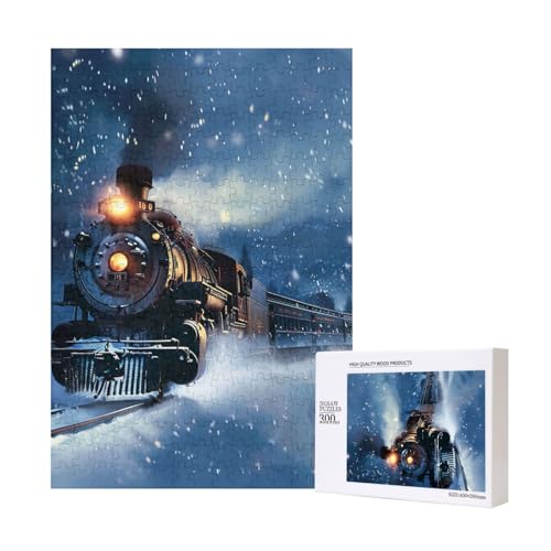 Winter Weihnachten Schnee Nacht Eisenbahn Zug gedruckt Holz Intelligenz Puzzle 28 x 40 cm – 300 Teile (verpackt) Puzzle Lernspiel für Erwachsene – Heimdekorationspuzzle von JKSEEPYN