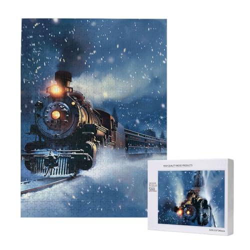 Winter Weihnachten Schnee Nacht Eisenbahn Zug gedruckt Holz Intelligenz Puzzle 38 x 52 cm – 500 Teile (verpackt) Puzzle Lernspiel für Erwachsene – Heimdekoration Puzzle von JKSEEPYN