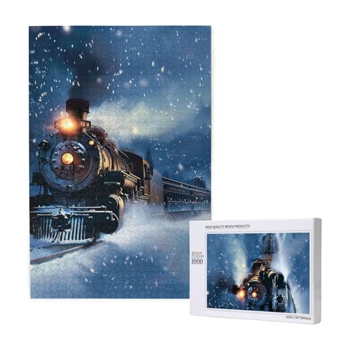 Winter Weihnachten Schnee Nacht Eisenbahn Zug gedruckt Holz Intelligenz Puzzle 50 x 75 cm – 1000 Teile (verpackt) Puzzle Lernspiel für Erwachsene – Heimdekorationspuzzle von JKSEEPYN