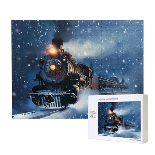 Winter Weihnachten Schnee Nacht Eisenbahn Zug gedruckt Holz Intelligenz Puzzle 52 x 38 cm – 500 Teile (verpackt) Puzzle Lernspiel für Erwachsene – Heimdekoration Puzzle von JKSEEPYN