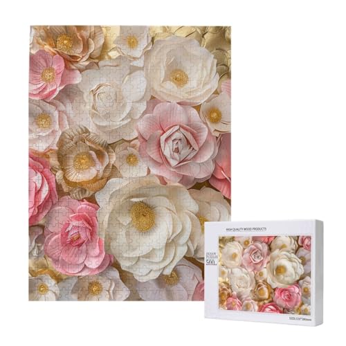 Wunderschönes Intelligenz-Puzzle aus Holz mit weißen goldenen Blumen, 38 x 52 cm, 500 Teile (verpackt), Lernspiel für Erwachsene, Heimdekorationspuzzle von JKSEEPYN