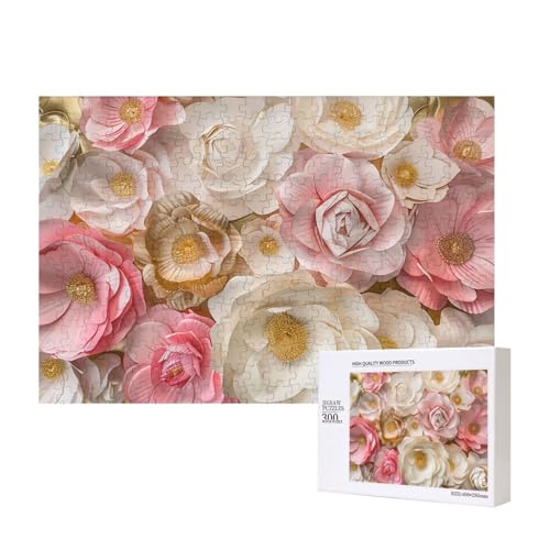 Wunderschönes Intelligenz-Puzzle aus Holz mit weißen goldenen Blumen, bedruckt, 40 x 28 cm, 300 Teile (verpackt), Puzzle, Lernspiel für Erwachsene, Heimdekoration, Puzzle von JKSEEPYN