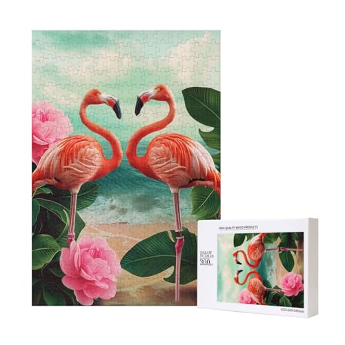 Zwei Flamingos gedrucktes Intelligenz-Puzzle aus Holz, 28 x 40 cm, 300 Teile (verpackt), Puzzle, Lernspiel für Erwachsene, Heimdekoration, Puzzle von JKSEEPYN