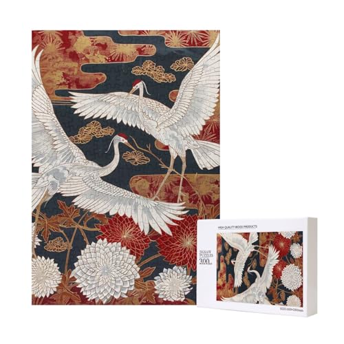Zwei Kraniche, Chrysanthemen, 1 bedrucktes Intelligenz-Puzzle aus Holz, 28 x 40 cm, 300 Teile (verpackt), Lernspiel für Erwachsene, Heimdekorationspuzzle von JKSEEPYN