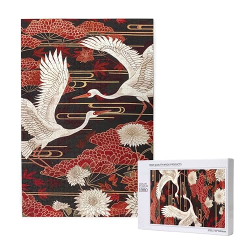 Zwei Kraniche, Chrysanthemen, bedrucktes Intelligenz-Puzzle aus Holz, 50 x 75 cm, 1000 Teile (in Box), Lernspiel für Erwachsene, Heimdekorationspuzzle von JKSEEPYN