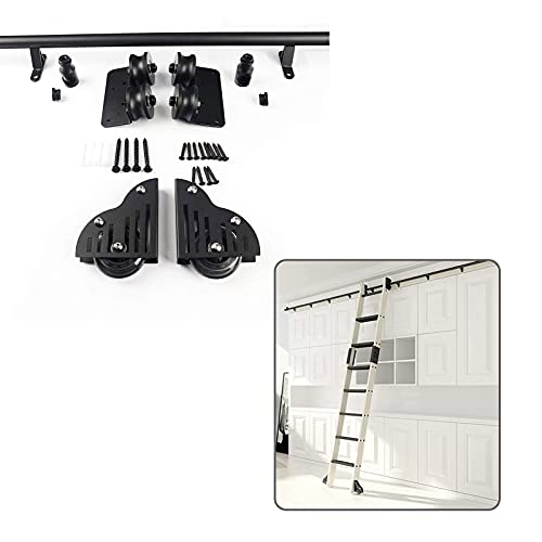 JKSVTF Schwarze Rollleiter, Hardware, Bibliothek, Schiebeleiter, Hardware-Set, 1 m - 6 m, runde Schiene/Schiene (ohne Leiter) mit Bodenrollen, mobile Leiterschienen (200 cm Schienen-Set), 200 cm von JKSVTF