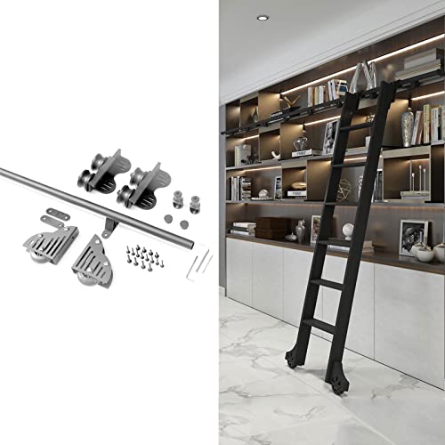 JKSVTF Schwarze Rollleiter, Hardware, Bibliothek, Schiebeleiter, Hardware-Set, 1 m - 6 m, runde Schiene/Schiene mit Bodenrollenrädern (ohne Leiter), mobile Leiterschiene für Zuhause/Innen/Dachboden von JKSVTF