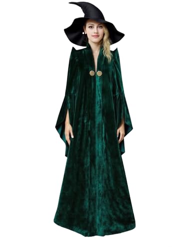 Damen Professor Mcgonagall Kostüm Hexe Halloween Cosplay Robe Zauberer Umhang Hexe Hut (Medium) von JKonHer