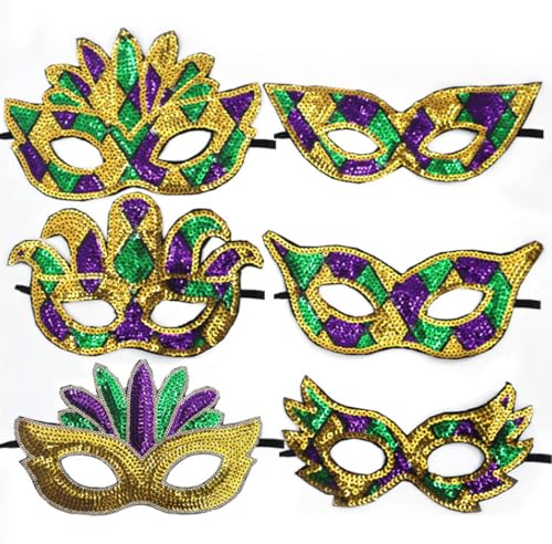 JLTC 6 Stücke Von Karneval Tricolor Gold Lila Grüne Halbgesichtsmasken, Karneval Themed Glitter Augenmasken, Party Requisiten von JLTC