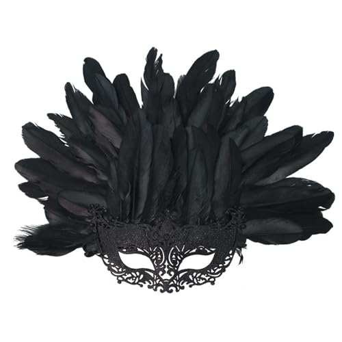 JLTPH Venezianische Halloween Maske Mit Pfauenfedern - Elegante Halbmaske Für Karneval Und Kostümpartys (50x36cm)(Schwarz) von JLTPH