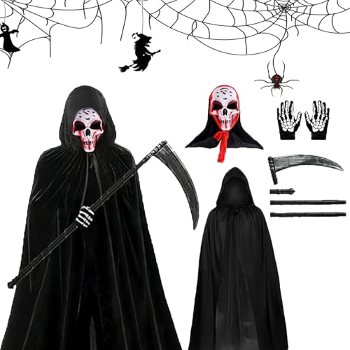 JLTXKST 4 Teiliges Set Halloween Kostüm Sensenmann,Sensenmann Kostüm, Halloween Kostüm Sensemann mit Schädelmaske, Sense, Skelett Handschuhe, für Halloween Dekoration,Cosplay,Karneval JLTXKST 4 Teiliges Set Halloween Kostüm Sensenmann,Sensenmann Kostüm, Halloween Kostüm Sensemann mit Schädelmaske, Sense, Skelett Handschuhe, für Halloween Dekoration,Cosplay,Karneval von JLTXKST