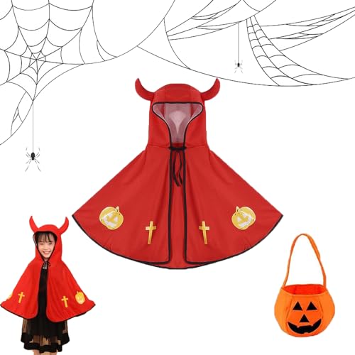 JLTXKST Kinder Halloween Kostüm,Halloween Kinder Umhang Cape,mit Ox Horn Mit Kapuze Mantel Und Kürbis Candy Bag, für Jungen Mädchen Fasching Karneval Halloween Cosplay Party (Rot) von JLTXKST