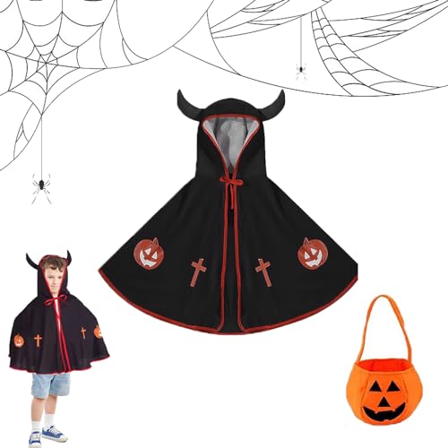 JLTXKST Kinder Halloween Kostüm,Halloween Kinder Umhang Cape,mit Ox Horn Mit Kapuze Mantel Und Kürbis Candy Bag, für Jungen Mädchen Fasching Karneval Halloween Cosplay Party (Schwarz) von JLTXKST