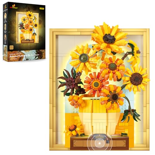 JMBricklayer Blumen Sonnenblumen Bausets für Erwachsene mit Lichtern 70004, Van Gogh Wandkunst Bastelideen, Muttertags-Blumengeschenke für Mama, Gemälderahmen für Zimmer-Home-Office-Dekoration von JMBricklayer