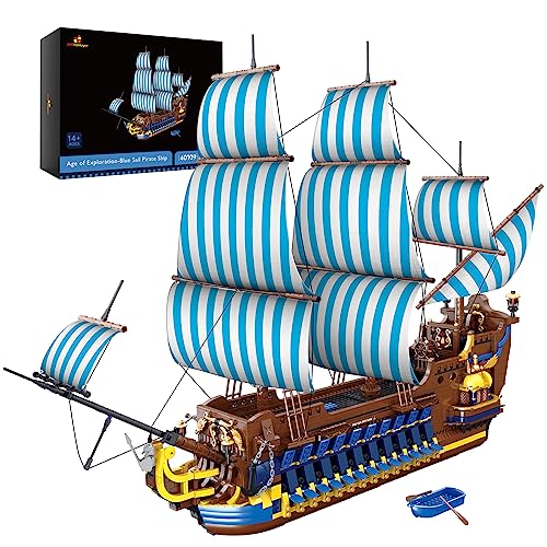 JMBricklayer Piratenschiff Bausteine, 40109 Technik Piraten Segelschiff Spielzeug, 3265 Teile Blaues Segel Piratenschiff Modellbausatz Klemmbausteine für Erwachsene und ab 10 Jahre Jungen von JMBricklayer
