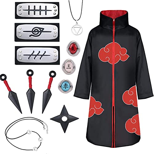 JMOCD Kostüm Akatsuki Itachi Hidan Kostüm Erwachsene Kinder Umhang Akatsuki Outfit Manga Cosplay Stirnband Ring Halskette Zubehör Karneval Herren Damen Mädchen Jungen Halloween (XS) von JMOCD