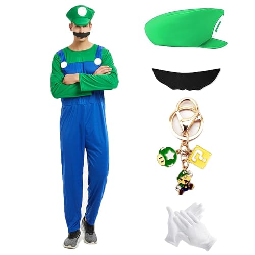 JMOCD Luigi Bros Kostüm,Super Brothers Klempner Cosplay für Fasching Karneval Eltern-Kind-Dressing(Grün - Erwachsene, L) von JMOCD