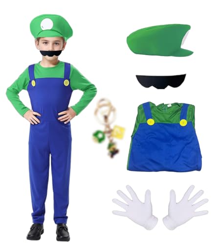 JMOCD Super Brothers Klempner Kostüm für Kinder,Super Brothers Klempner Cosplay für Fasching Karneval Eltern-Kind-Dressing(Grün - Kinder, L) von JMOCD