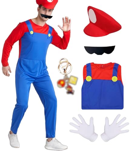 JMOCD Luigi Bros Kostüm,Super Brothers Klempner Cosplay für Fasching Karneval Eltern-Kind-Dressing (Rot - Erwachsener, M) von JMOCD