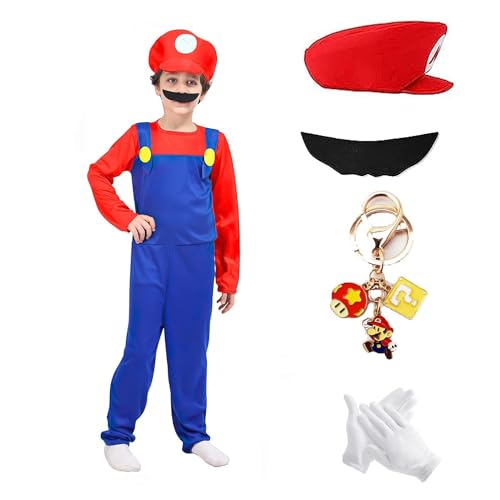 JMOCD Super Brothers Klempner Kostüm für Kinder,Super Brothers Klempner Cosplay für Fasching Karneval Eltern-Kind-Dressing (Rot - Kinder, L) von JMOCD
