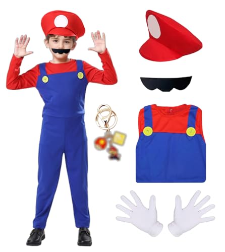 JMOCD Super Brothers Klempner Kostüm für Kinder,Super Brothers Klempner Cosplay für Fasching Karneval Eltern-Kind-Dressing(Rot - Kinder, S) von JMOCD