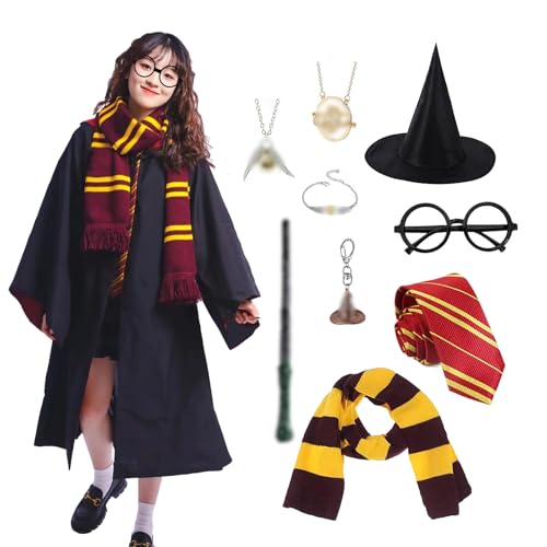 JMOCD Magier Robe, Cosplay Kostüm mit Magier Robe,Gestreifte Krawatte,Hut,Zauberstab,Halstuch,Brille,Vintage-Armband,Halskette,Schlüsselbund für Halloween (125-135cm) (Rot, 155) von JMOCD