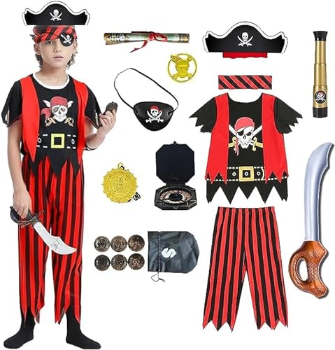 JMOCD Piraten Kostüm Kinder,Piraten Outfit mit Zubehör-Set, Halloween Karneval Pirate Cosplay Costume (L) von JMOCD