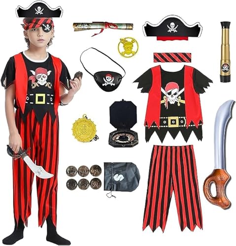 JMOCD Piraten Kostüm Kinder,Piraten Outfit mit Zubehör-Set, Halloween Karneval Pirate Cosplay Costume(M) von JMOCD