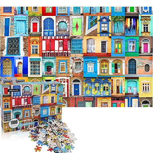 JMbeauuuty Puzzles für Erwachsene 1000 Stück Buntes World House Türfenster Familienteam Herausforderndes Puzzlespiel Pädagogisches intellektuelles Dekomprimieren von Spielzeug Blau von JMbeauuuty