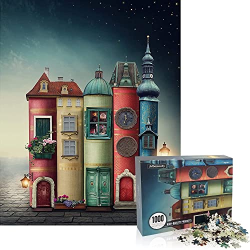 1000 Stück Puzzle für Erwachsene Buch Haus Stree Knowledge Tower Familienspiel Schlafzimmer Arbeitszimmer Dekoration Rot Blau von JMbeauuuty