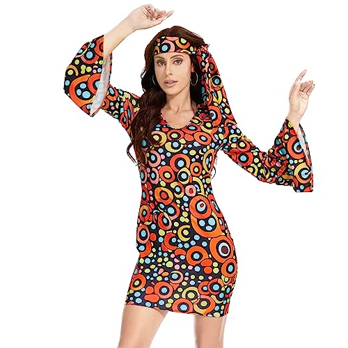 JNAOZI 70er Jahre Kostüm Dicso Kleid für Frauen - Hippie-Kleid mit Friedenszeichen-Halskette und Ohrringen - Disco Outfit Frauen für Halloween (2XL) von JNAOZI