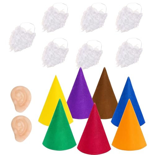 JNAWA 15 Stück Zwerg Kostüm Sets Elf Hut Gefälschte Bart Gefälschte Ohren Sieben Zwerg Verkleidung Kostüme für Halloween Weihnachten Kostüm Party Zubehör von JNAWA