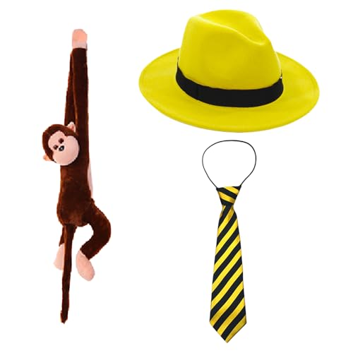 JNAWA 3-teiliges Set mit gelbem Hut für Kinder, Fedora-Hut, Krawatte mit hängendem Affe, Cosplay, Maskerade, Partyzubehör für Kinder, Halloween, Cosplay-Kostüm JNAWA 3-teiliges Set mit gelbem Hut für Kinder, Fedora-Hut, Krawatte mit hängendem Affe, Cosplay, Maskerade, Partyzubehör für Kinder, Halloween, Cosplay-Kostüm von JNAWA
