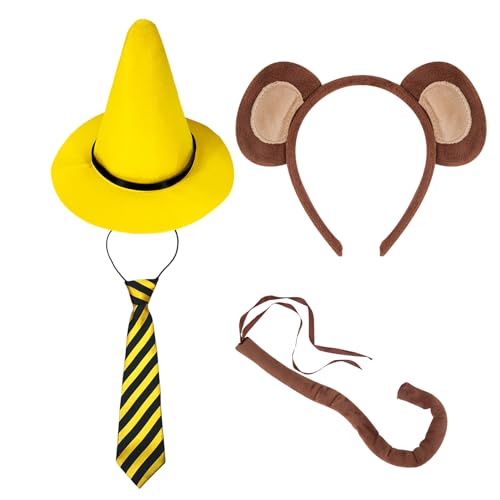 JNAWA Halloween-Kostüm-Set, Filz, gelber Hut, Affenohren, Stirnband und Schwanz, schwarz-gelbe Krawatte, Tierparty, Cosplay, Kostümzubehör für Erwachsene, 4-teilig JNAWA Halloween-Kostüm-Set, Filz, gelber Hut, Affenohren, Stirnband und Schwanz, schwarz-gelbe Krawatte, Tierparty, Cosplay, Kostümzubehör für Erwachsene, 4-teilig von JNAWA
