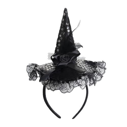 JNAWA Hexen-Stirnband mit Spitze, Pailletten, modisches Halloween-Haarband, Cosplay-Zubehör, Requisiten, Zauberer, breite Krempe, spitze Kappe für Mädchen, Damen, Halloween-Kostüm (schwarz) von JNAWA