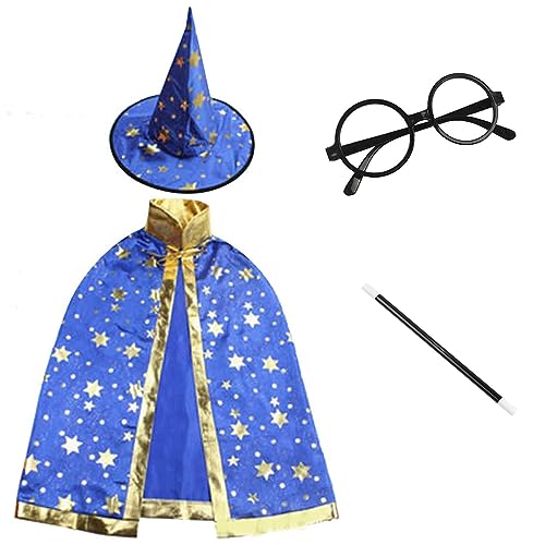 JNAWA Zauberer-Halloween-Kostüm, Zauberer-Umhang, Zauberhut, Zauberstab, Brille für Kinder, Halloween, Weltbuchtag, Kostüm, Cosplay, Party, Blau, 4 Stück JNAWA Zauberer-Halloween-Kostüm, Zauberer-Umhang, Zauberhut, Zauberstab, Brille für Kinder, Halloween, Weltbuchtag, Kostüm, Cosplay, Party, Blau, 4 Stück von JNAWA
